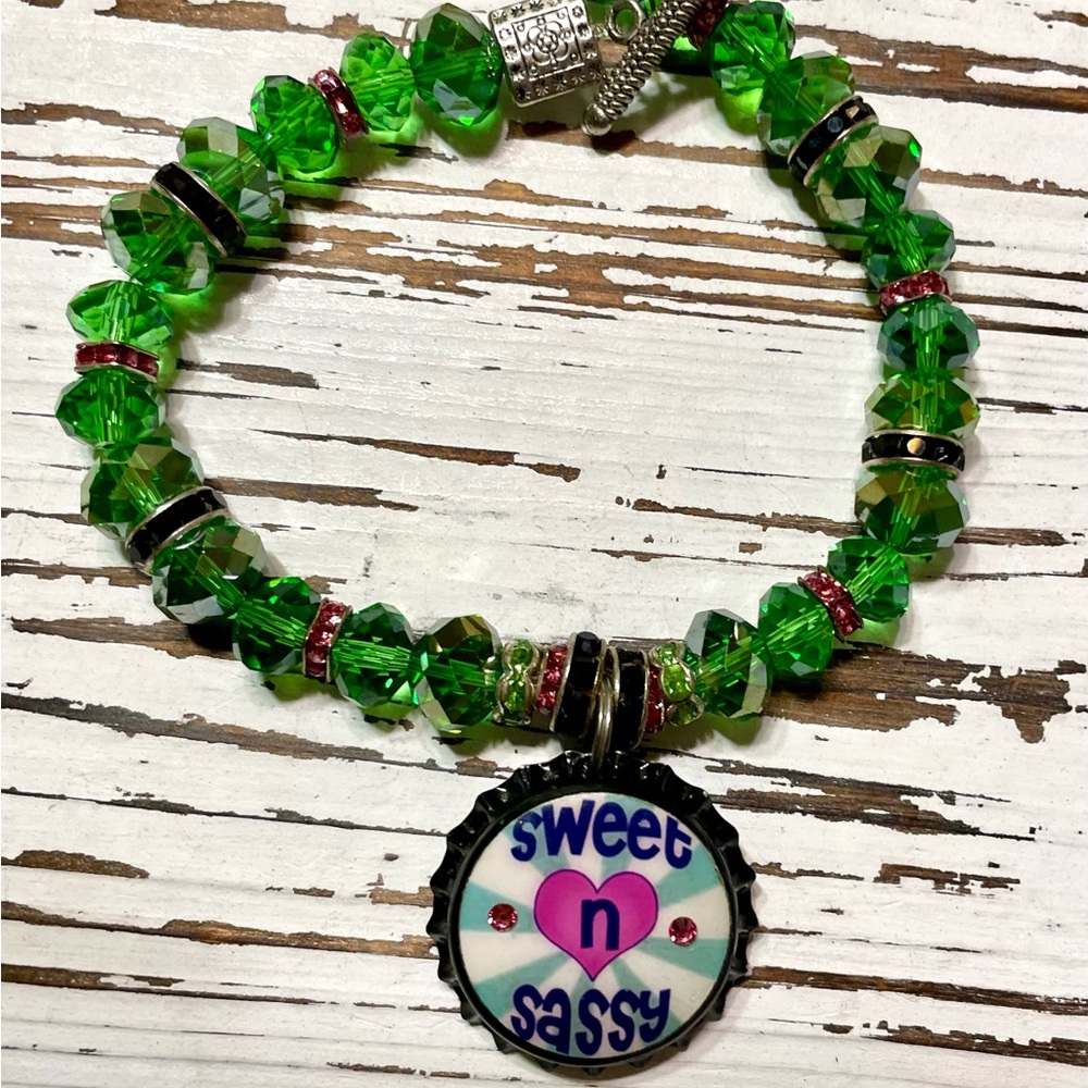 Green Beaded Pet Necklace with Design Bottle Cap Charm
